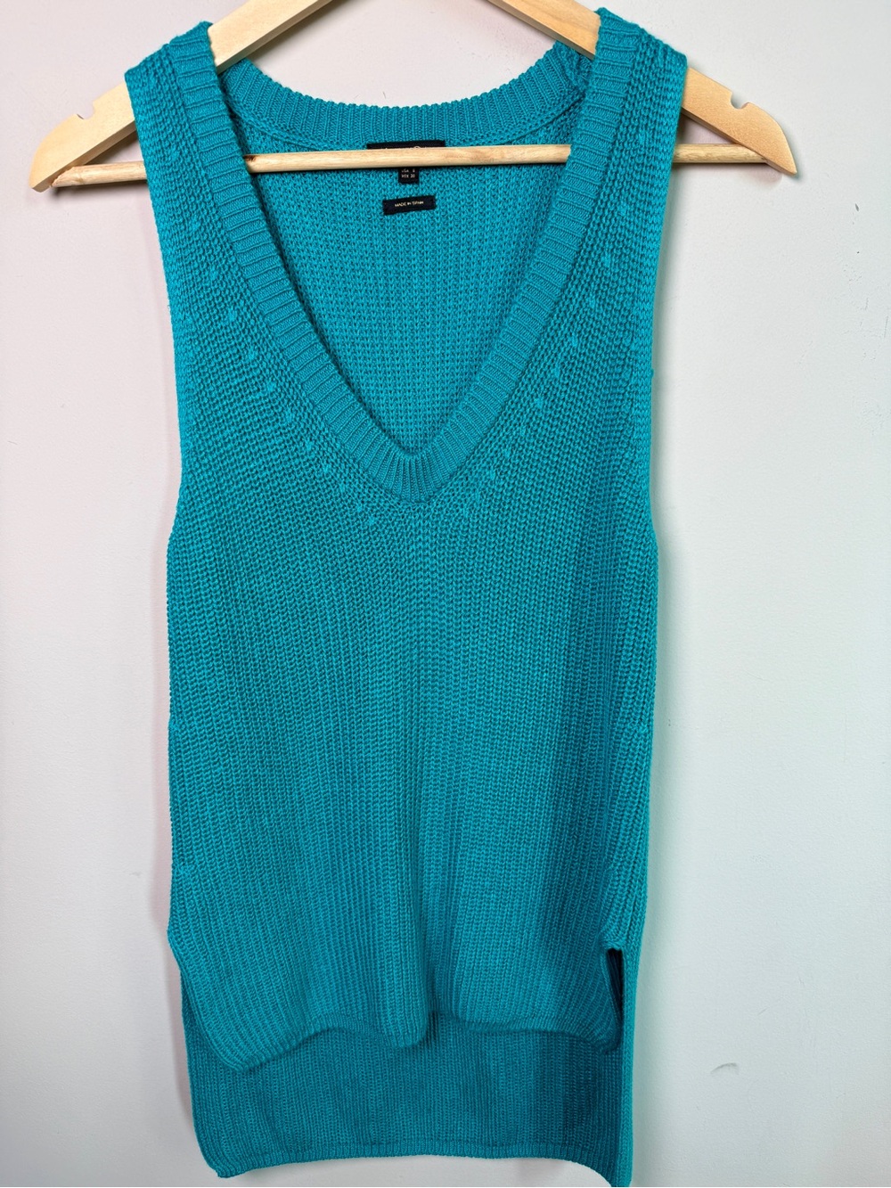 Massimo Dutti Teal Ribbed Knit V-Neck Tank Sleeveless Side Slit Sweater Top Sz S
